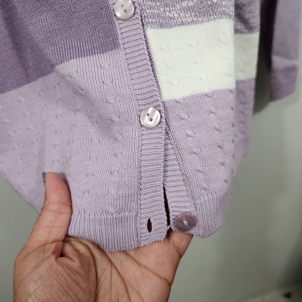 Alfred Dunner Blurred Stripes Knit Cardigan Button-front Purple White Womens L - Picture 7 of 14